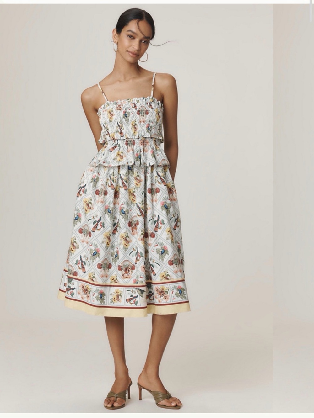 Anthropologie Smocked Floral Peplum Midi Dress in White and Multi